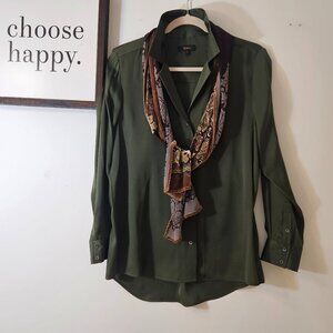 Quince Olive Washable Silk Notch Collar V-neck Long-sleeve Shirt Size Large EUC